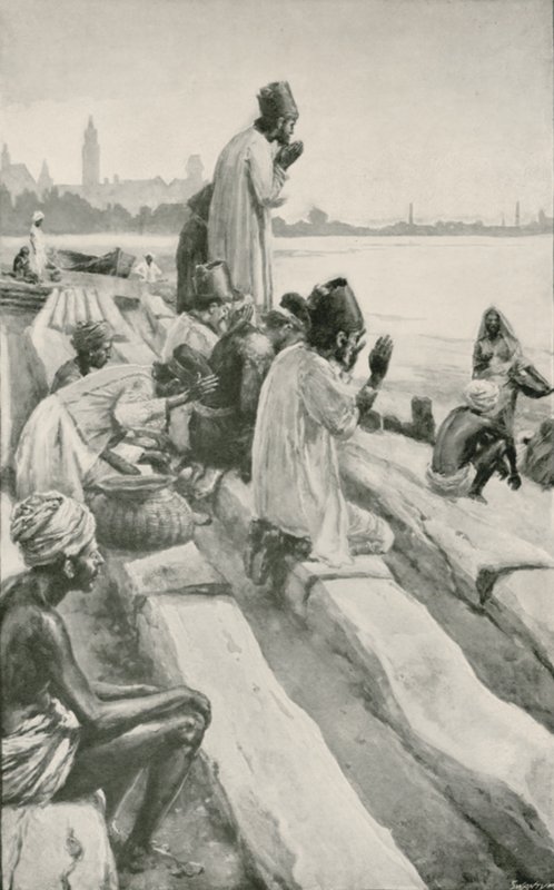 Parsis adorant le soleil levant sur la plage de Bombay - Walter Stanley Paget