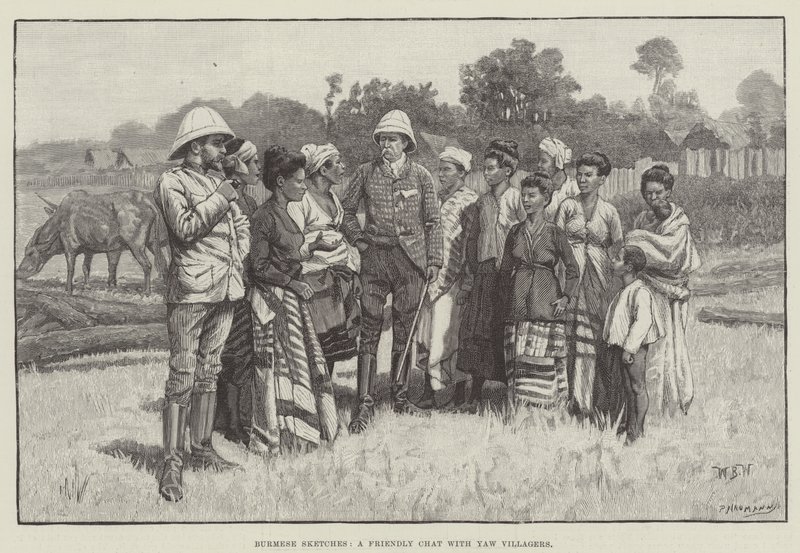 Esquisses birmanes, une conversation amicale avec les villageois de Yaw - William Barnes Wollen