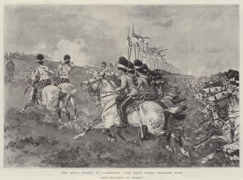 La saison des exercices à Aldershot, les Scots Greys chargeant les canons - William Barnes Wollen