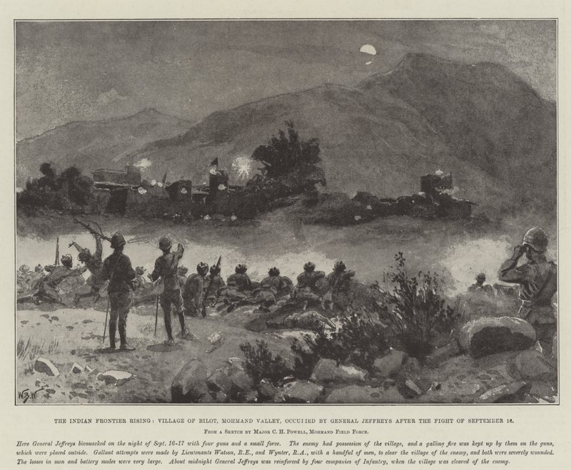 Le soulèvement de la frontière indienne, village de Bilot, vallée de Mohmand, occupé par le général Jeffreys après le combat du 16 septembre - William Barnes Wollen
