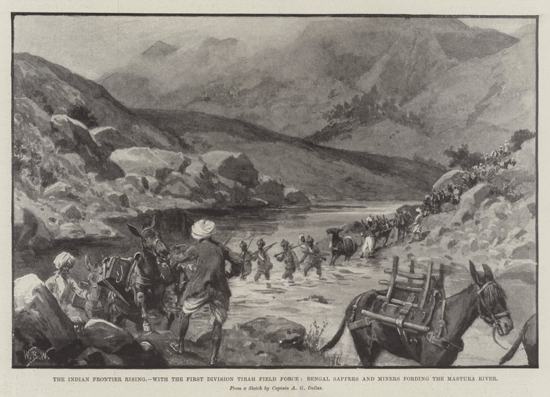 Le soulèvement de la frontière indienne, avec la première division de la Tirah Field Force, les sapeurs et mineurs du Bengale traversant la rivière Mastura - William Barnes Wollen