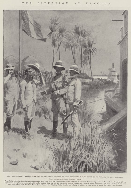 La situation à Fachoda, le premier débarquement à Fachoda, en attendant le Sirdar, Lord Edward Cecil présentant le capitaine Keppel, du Sultan, au major Marchand - William Barnes Wollen