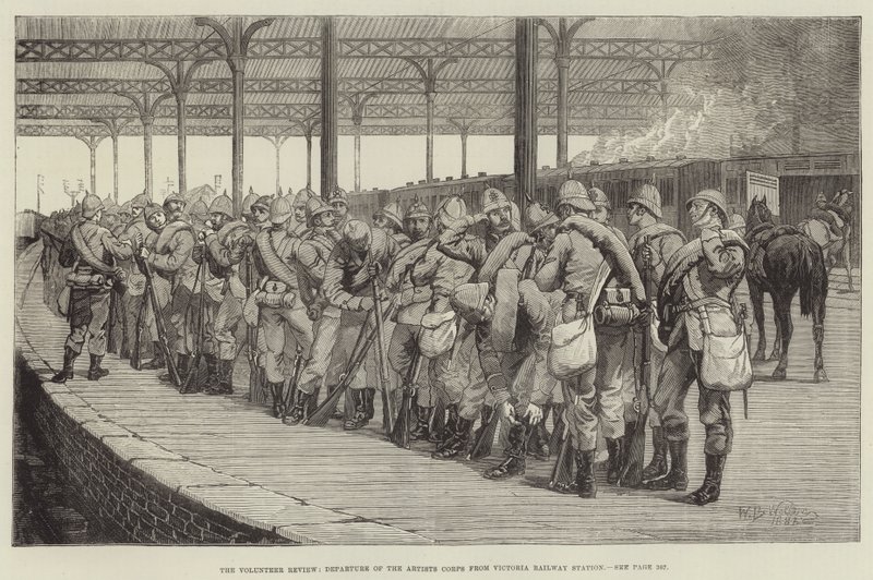 La revue des volontaires, départ du Corps des artistes de la gare Victoria - William Barnes Wollen
