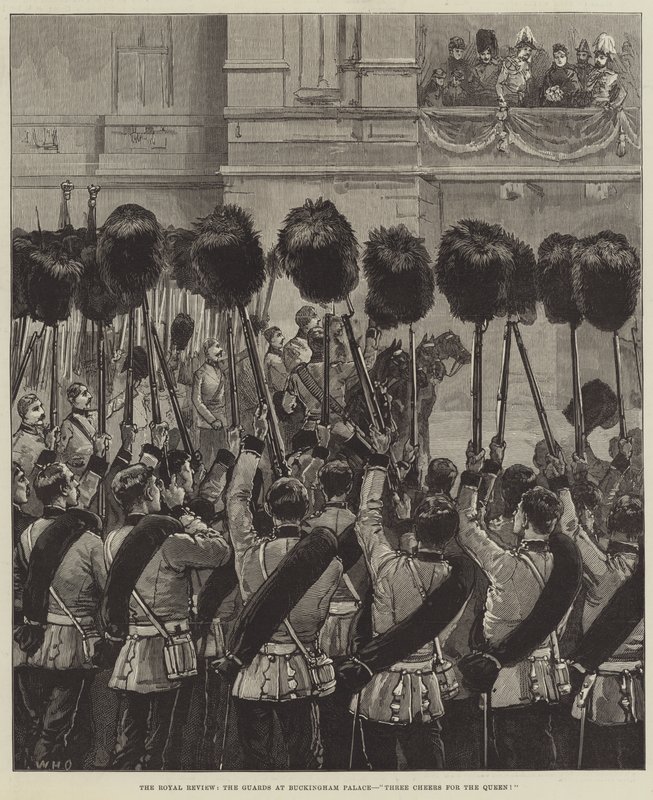 La revue royale, les gardes au palais de Buckingham, trois acclamations pour la reine! - William Heysham Overend