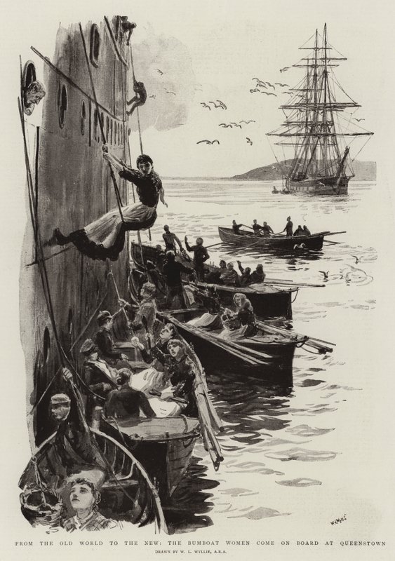 Du Vieux Monde au Nouveau, les femmes du bumboat montent à bord à Queenstown - William Lionel Wyllie