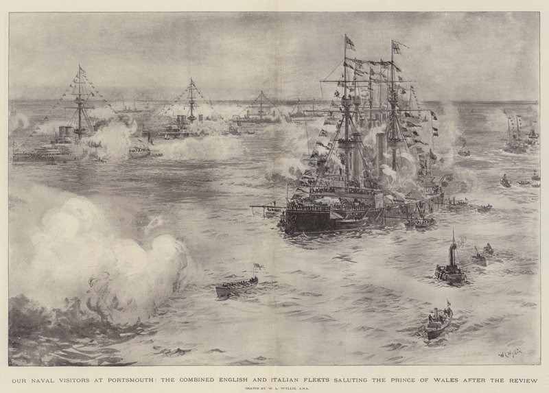 Nos visiteurs navals à Portsmouth, les flottes combinées anglaise et italienne saluant le prince de Galles après la revue - William Lionel Wyllie
