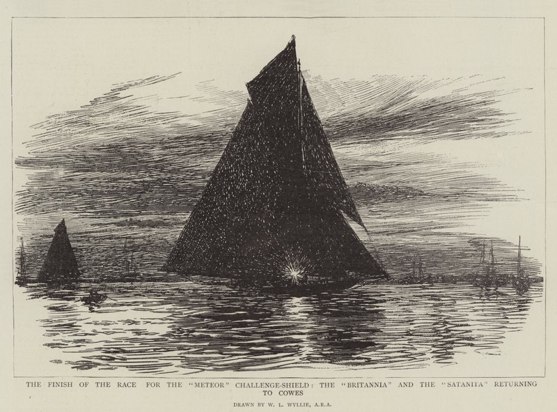 La fin de la course pour le Meteor Challenge-Shield, le Britannia et le Satanita retournant à Cowes - William Lionel Wyllie