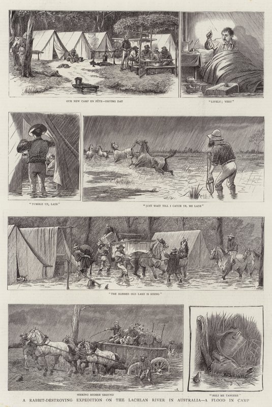 Une expédition de destruction de lapins sur la rivière Lachlan en Australie, une inondation au camp - William Ralston