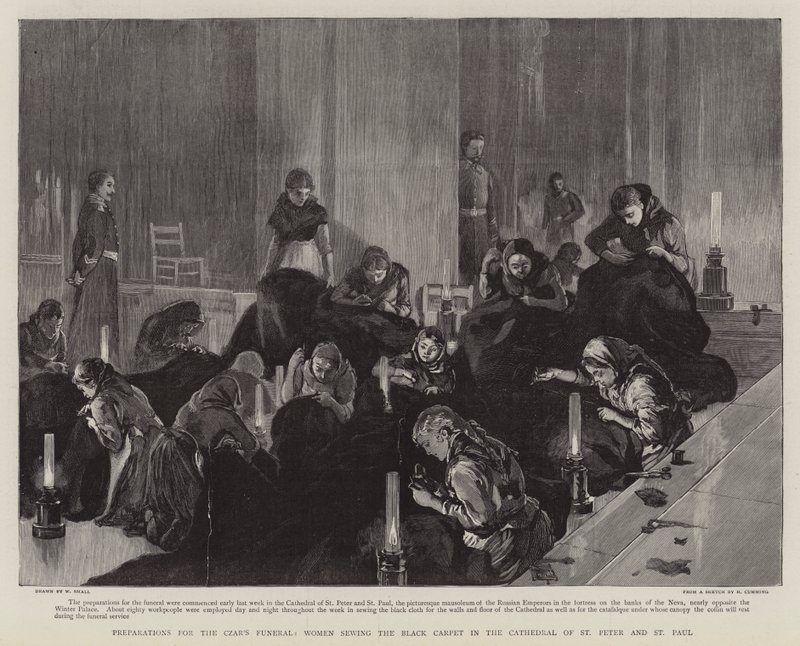 Préparatifs pour les funérailles du tsar, femmes cousant le tapis noir dans la cathédrale Saint-Pierre-et-Saint-Paul - William Small