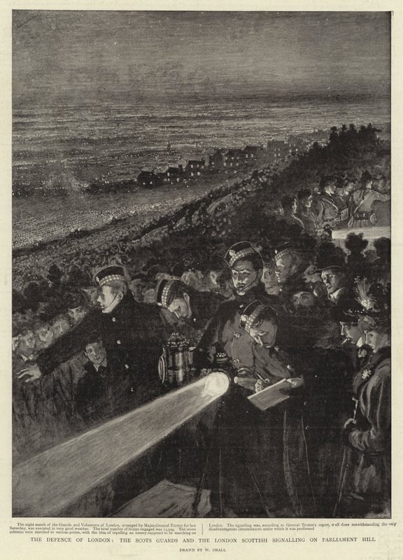 La défense de Londres, les Scots Guards et les London Scottish signalant sur Parliament Hill - William Small