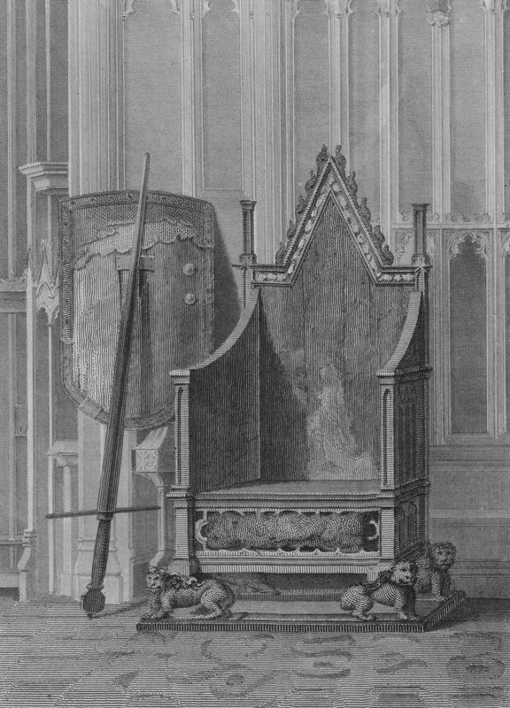 Le fauteuil de couronnement des souverains anglais, avec le bouclier et l