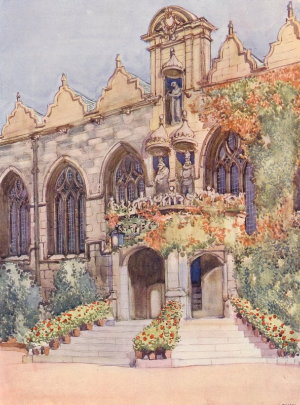 Entrée de la salle du Oriel College, montrant des statues de la Vierge et l