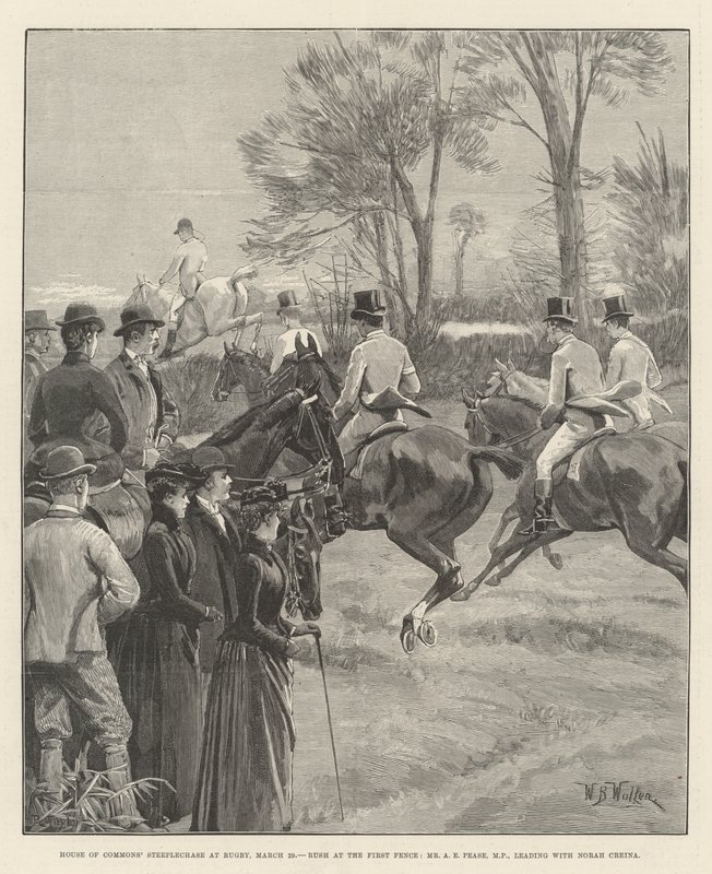 Steeplechase de la Chambre des communes à Rugby, 29 mars, ruée à la première clôture, M. A E Pease, MP, en tête avec Norah Creina - William Barnes Wollen