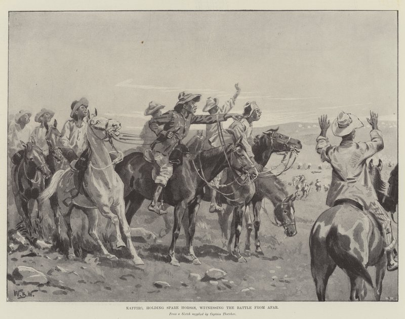 Kaffirs, tenant des chevaux de rechange, observant la bataille de loin - William Barnes Wollen