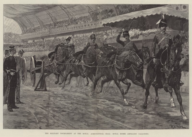 Le tournoi militaire au Royal Agricultural Hall, Royal Horse Artillery au galop - William Barnes Wollen