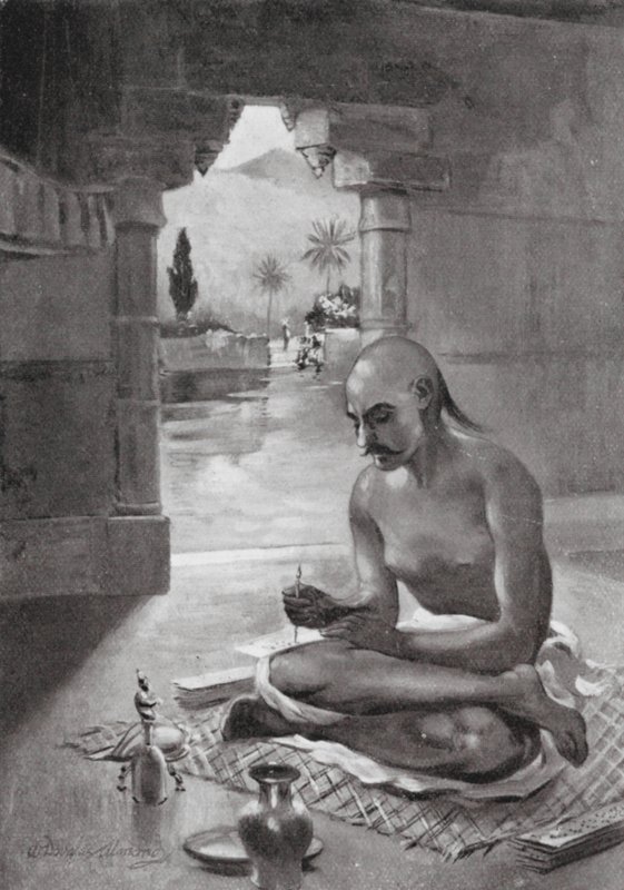 Kalidasa rédigeant le "Messager des nuages", 375 après J.-C. (lithographie) - William Douglas Almond