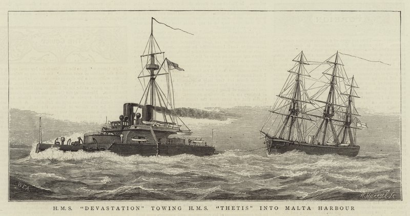HMS Devastation remorquant HMS Thetis dans le port de Malte - William Edward Atkins