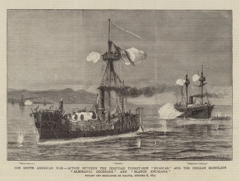 La guerre sud-américaine, action entre le navire-tourelle péruvien Huascar et les cuirassés chiliens Almirante Cochrane et Blanco Encalada - William Edward Atkins