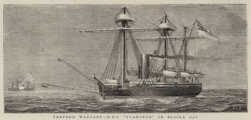 Guerre des torpilles, HMS Flamingo dans la baie de Besika - William Edward Atkins