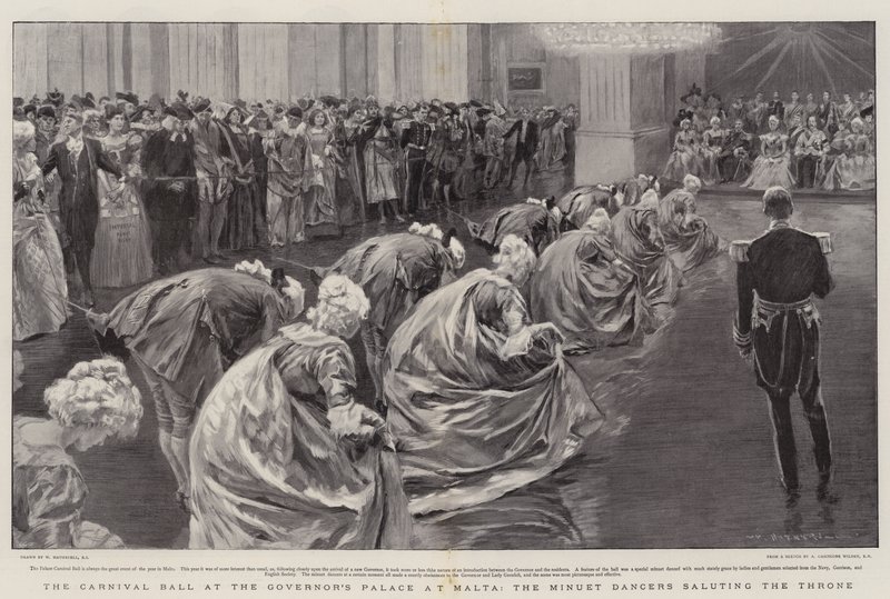 Le Bal du Carnaval au Palais du Gouverneur à Malte, les Danseurs de Menuet saluant le Trône - William Hatherell