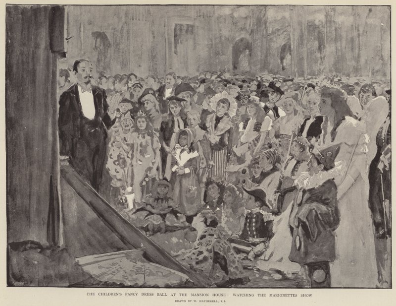 Le bal costumé des enfants au Mansion House, regardant le spectacle de marionnettes - William Hatherell