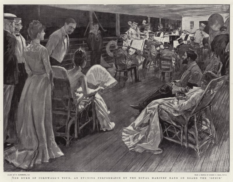 La tournée du duc de Cornouailles, une représentation en soirée par la fanfare des Royal Marines à bord de l