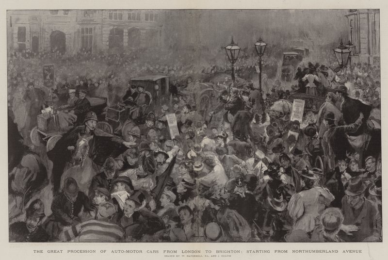 La grande procession des voitures automobiles de Londres à Brighton, départ de Northumberland Avenue - William Hatherell