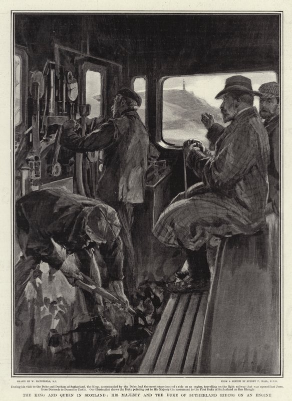 Le roi et la reine en Écosse, Sa Majesté et le duc de Sutherland à cheval sur une locomotive - William Hatherell