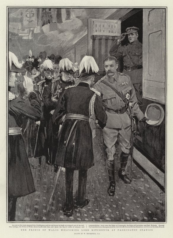 Le prince de Galles accueillant Lord Kitchener à la gare de Paddington - William Hatherell