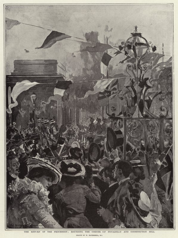 Le retour de la procession, tournant le coin de Piccadilly et Constitution Hill - William Hatherell