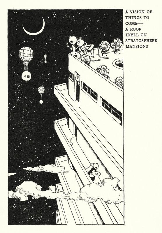 Une vision des choses à venir, une idylle sur le toit des Stratosphere Mansions - William Heath Robinson