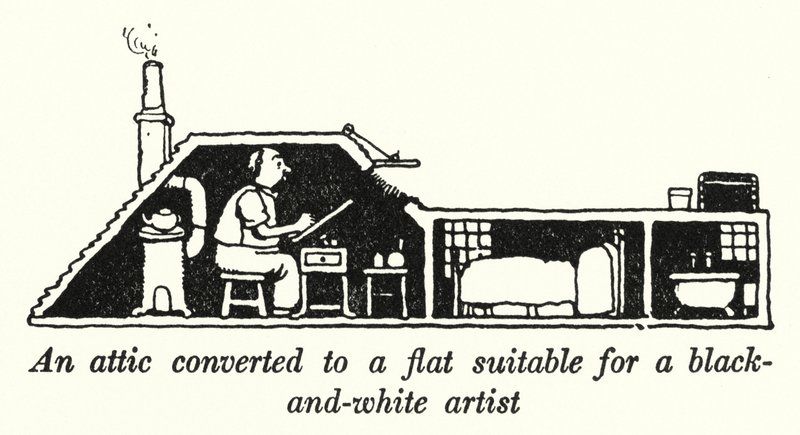Un grenier converti en appartement adapté à un artiste en noir et blanc - William Heath Robinson