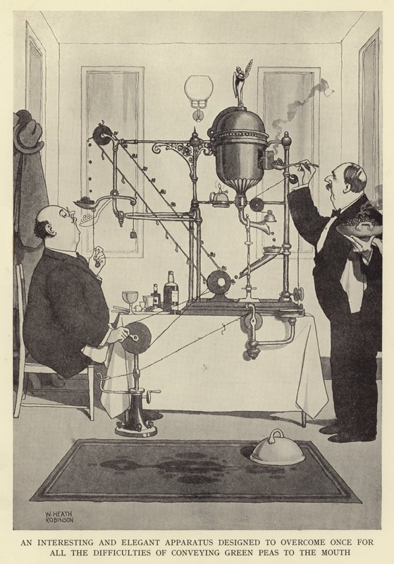 Un appareil intéressant et élégant conçu pour surmonter une fois pour toutes les difficultés de transporter des pois verts à la bouche - William Heath Robinson