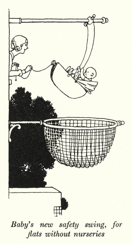 La nouvelle balançoire de sécurité pour bébé, pour les appartements sans nurseries - William Heath Robinson