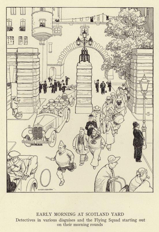 Tôt le matin à Scotland Yard, détectives en divers déguisements et la Flying Squad partant pour leurs rondes matinales - William Heath Robinson