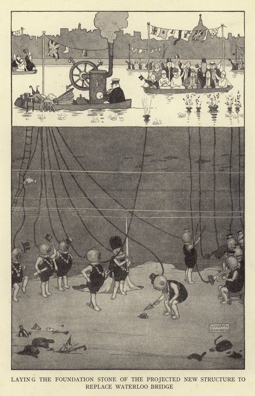 Pose de la première pierre de la nouvelle structure projetée pour remplacer le pont de Waterloo - William Heath Robinson