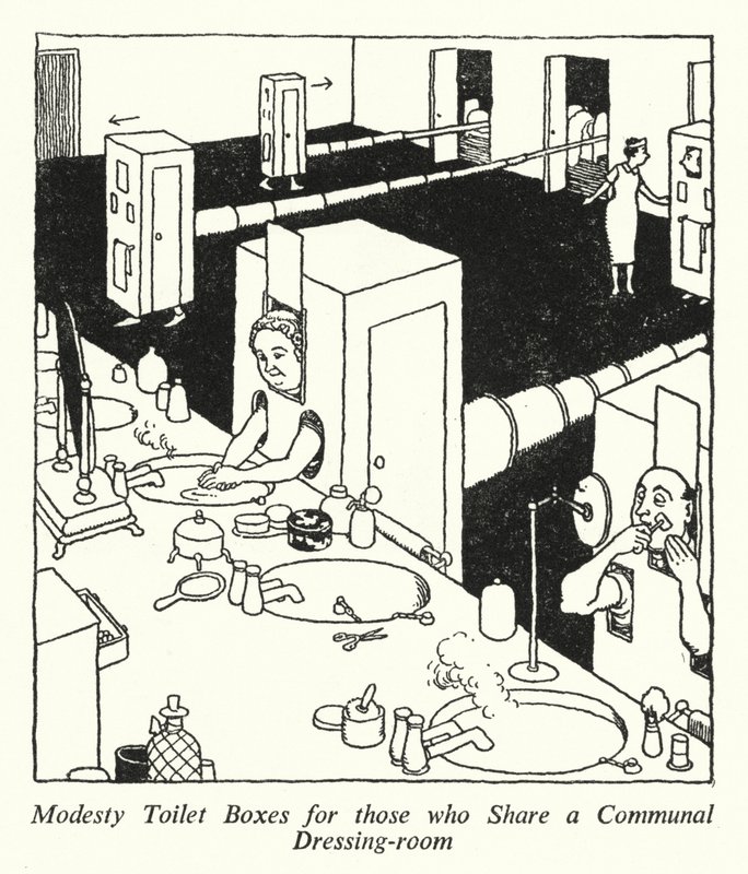 Boîtes de toilette modestes pour ceux qui partagent une salle de bain communautaire - William Heath Robinson