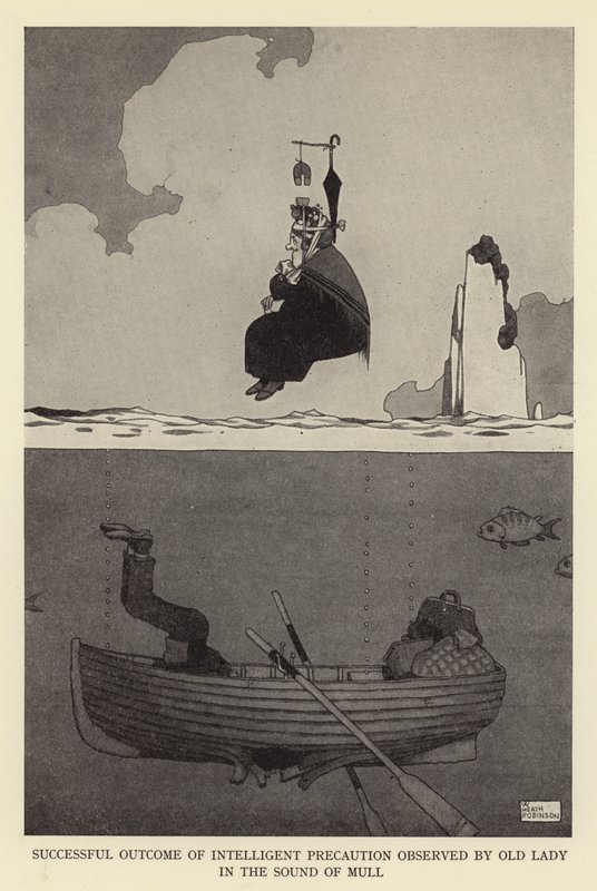 Résultat réussi de la précaution intelligente observée par une vieille dame dans le son de Mull - William Heath Robinson