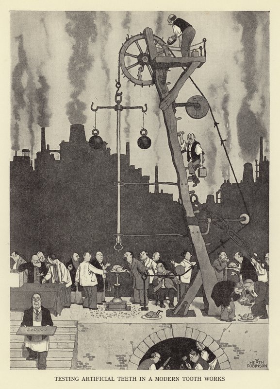 Test des dents artificielles dans une fabrique moderne de dents - William Heath Robinson