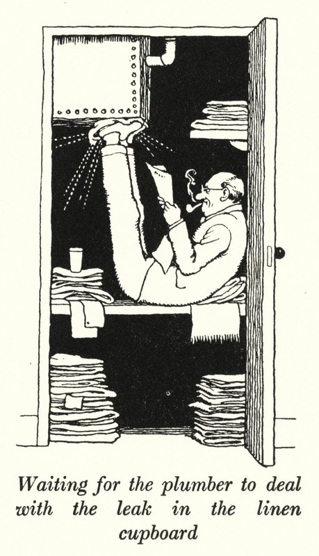 En attendant le plombier pour réparer la fuite dans le placard à linge (lithographie) - William Heath Robinson