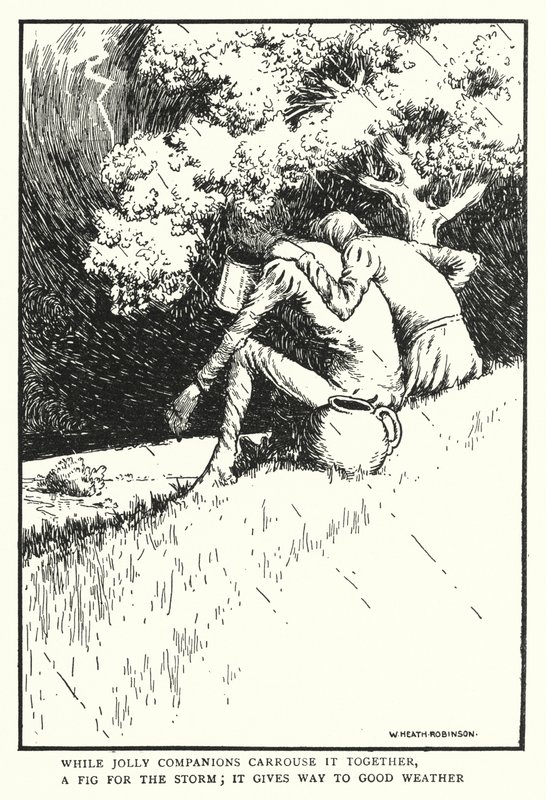 Pendant que les joyeux compagnons festoient ensemble, une figue pour la tempête, elle cède à la bonne météo - William Heath Robinson