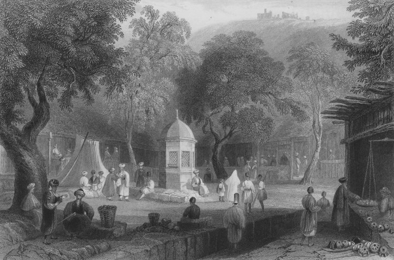Scène de marché et fontaine, Antioche - William Henry Bartlett