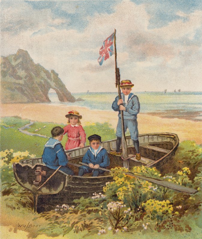 Enfants jouant dans un bateau sur la plage - William Henry James (after) Boot
