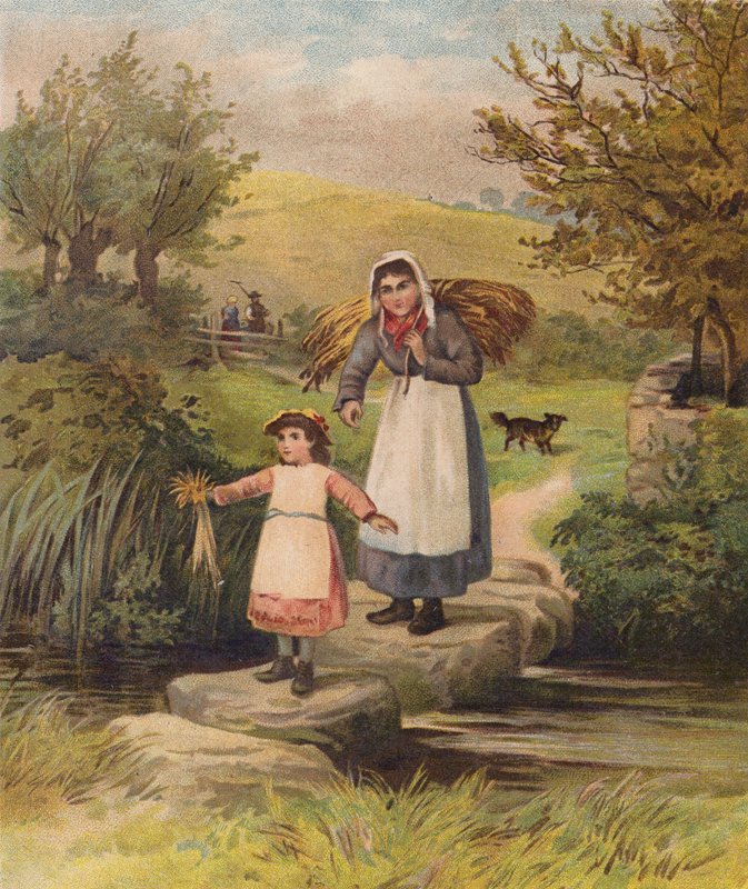 Femme et fille traversant un ruisseau sur des pierres - William Henry James (after) Boot