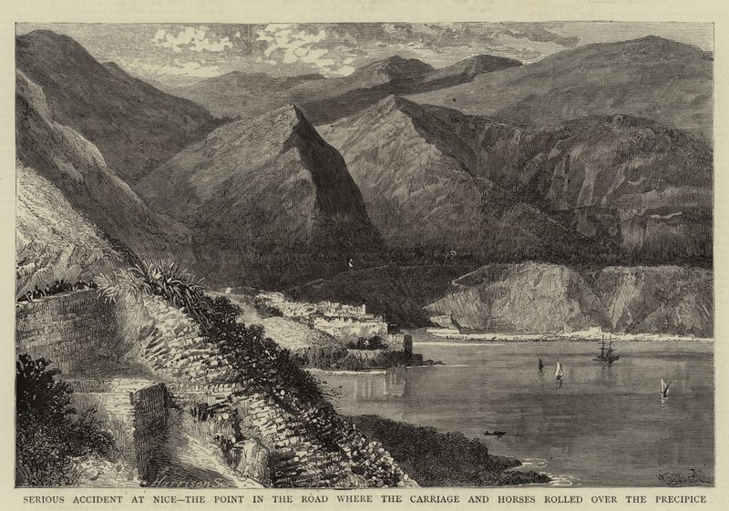 Grave accident à Nice, le point de la route où la voiture et les chevaux ont roulé dans le précipice - William Henry James Boot