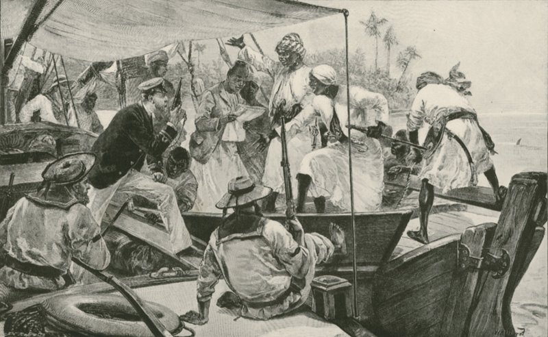 Un officier de la marine britannique inspectant un boutre arabe d