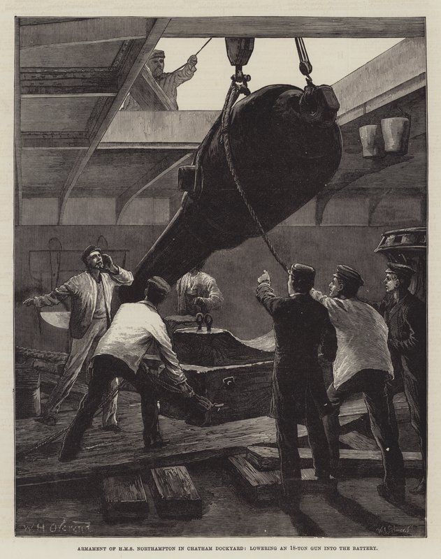 Armement du HMS Northampton dans le Chantier Naval de Chatham, abaissant un Canon de 18 Tonnes dans la Batterie - William Heysham Overend