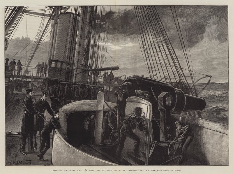 Tourelle Barbette du HMS Temeraire, Une de la Flotte aux Dardanelles, Exercice de Tir, Prêt à tirer! - William Heysham Overend