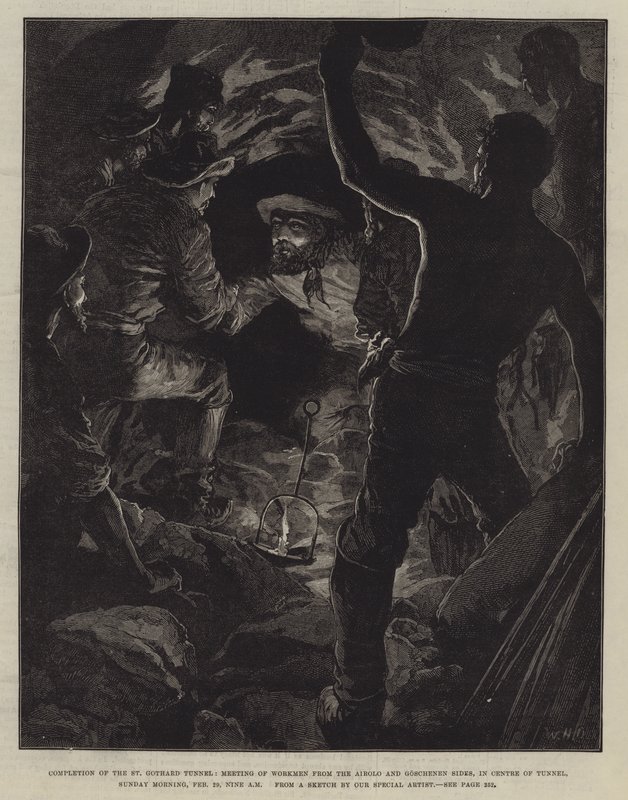 Achèvement du tunnel du Saint-Gothard, rencontre des ouvriers des côtés Airolo et Goschenen, au centre du tunnel, dimanche matin, 29 février, neuf heures - William Heysham Overend