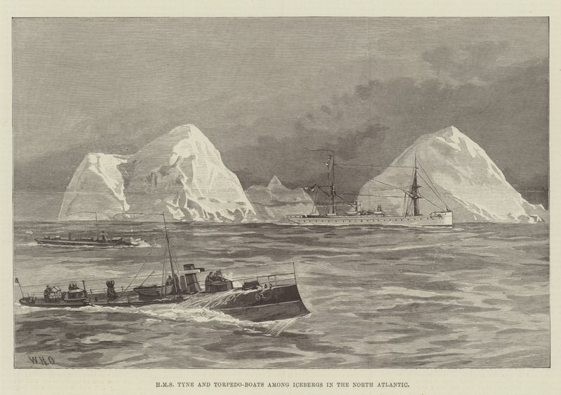 HMS Tyne et torpilleurs parmi les icebergs dans l